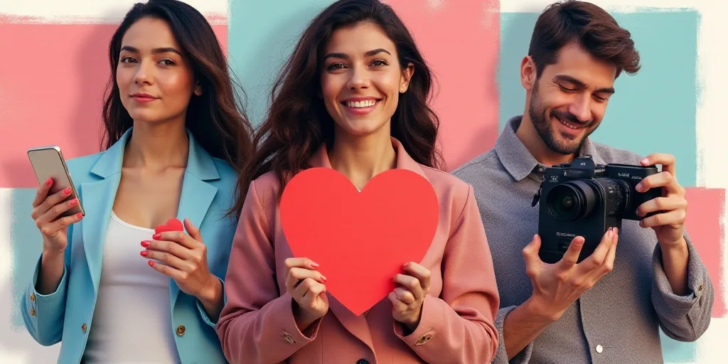 a collage of photos with a woman holding a heart and a man holding a phone and a woman holding a cam