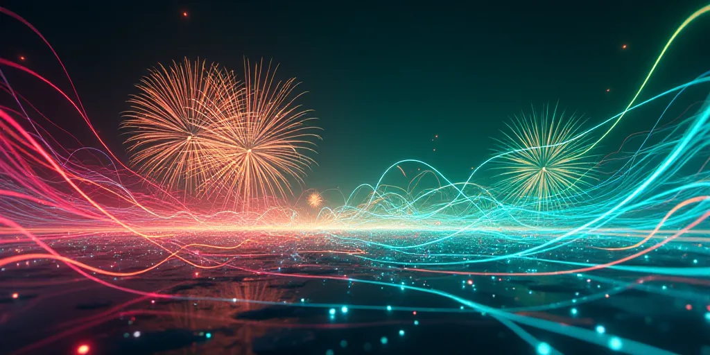 a colorful background with a lot of lines and fireworks in the sky and a green background with blue