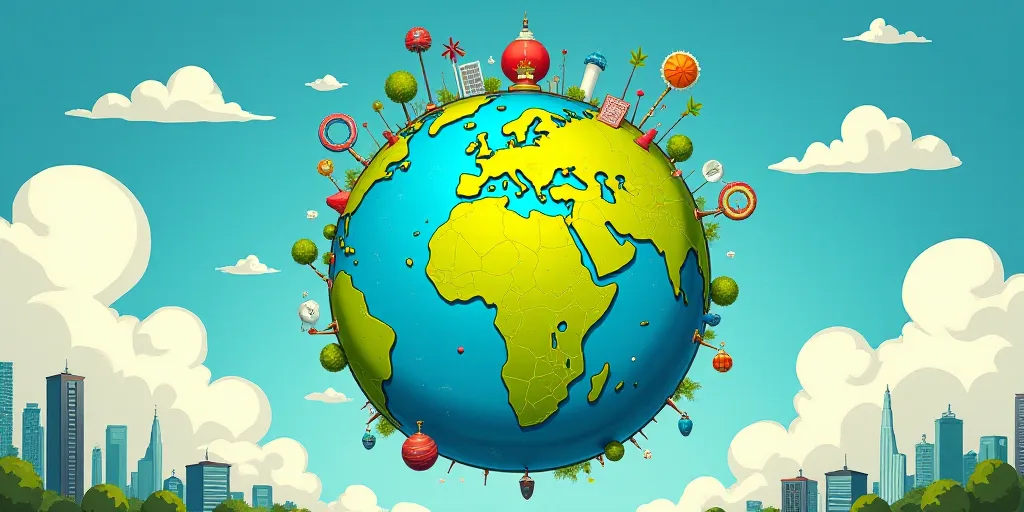 a colorful graphic of a green earth surrounded by other icons and symbols on a blue background with
