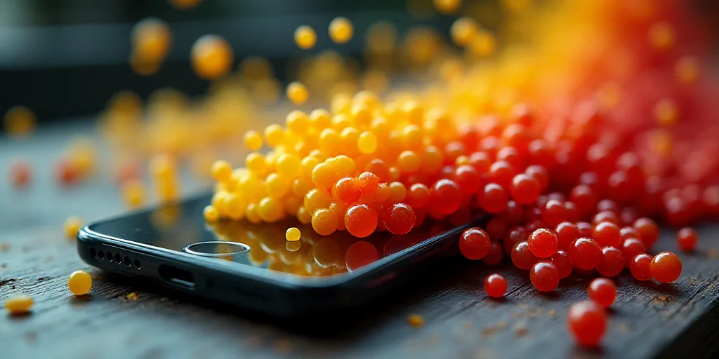 a computer generated image of a cell phone with a bunch of yellow and red balls on it's side, Adam S