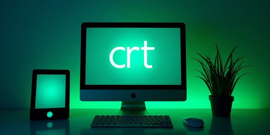 a computer screen with a crt logo on it and a cell phone in the background with a green and blue bac