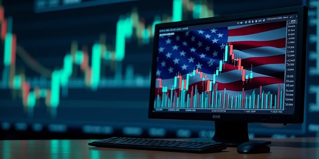 a computer screen with a flag and a stock market graph on it's screen and a stock market chart in th