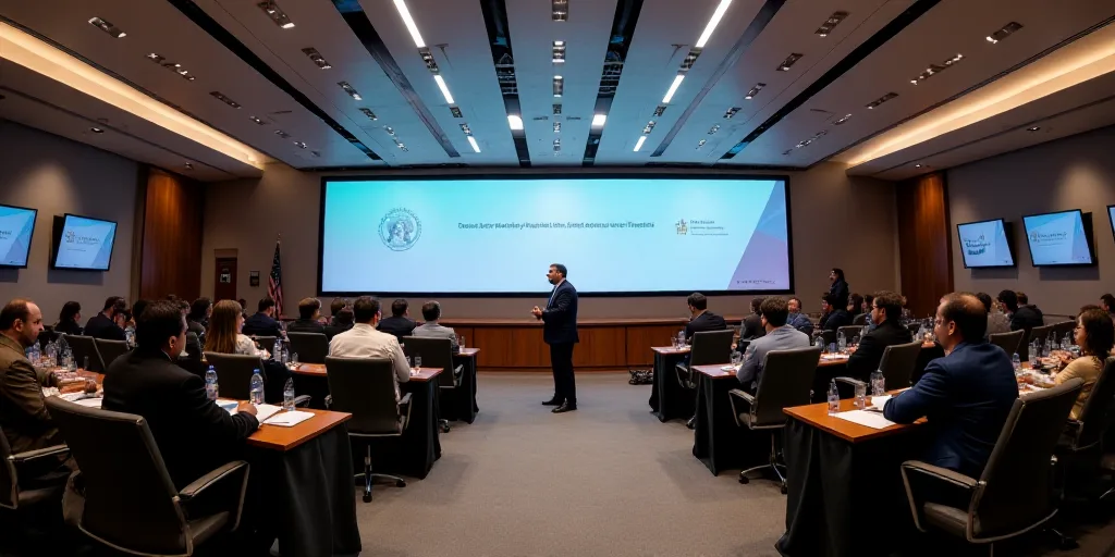 a conference room with people sitting at tables and televisions on the wall behind them and people s