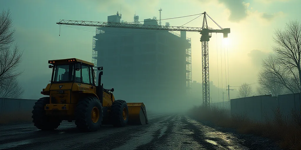 a construction site with a bulldozer and a building in the background with a crane in the foreground
