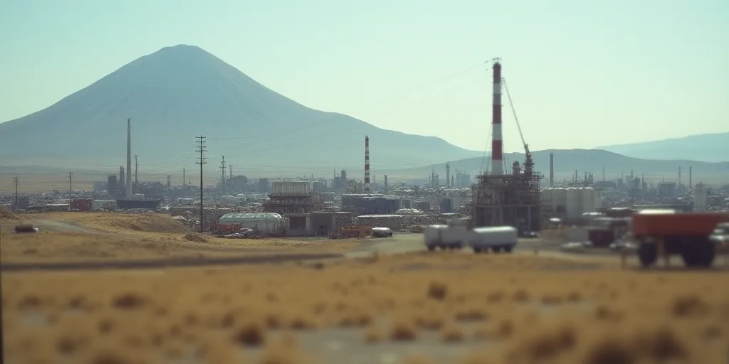 a construction site with a large amount of steel tanks and machinery in the background and a mountai