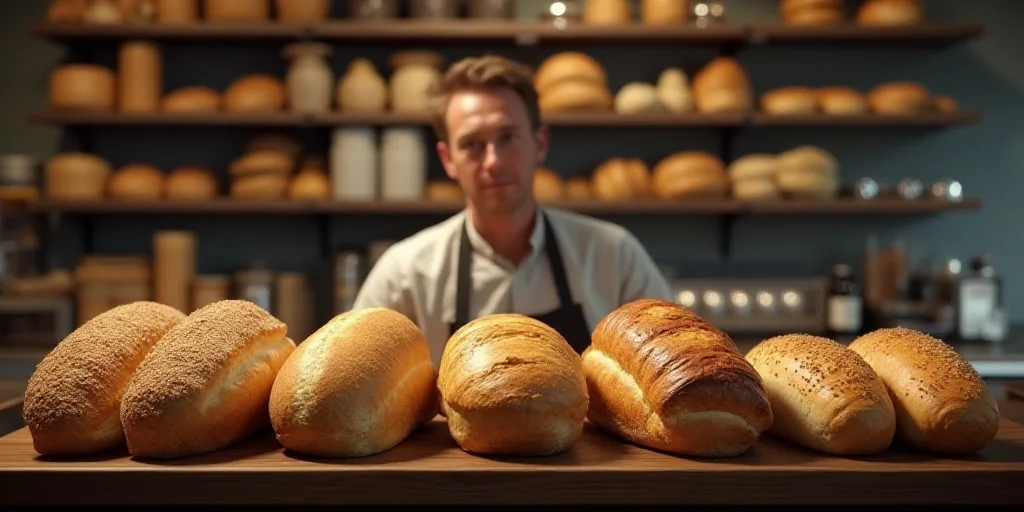 a counter with a lot of breads on it and a man in the background behind it with a lot of breads on i