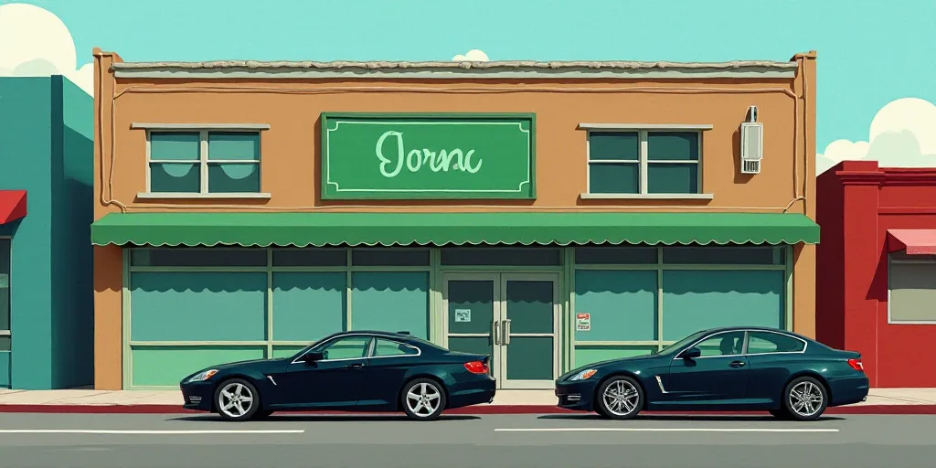 a couple of cars parked in front of a building with a green sign on it's side of the street, Andries