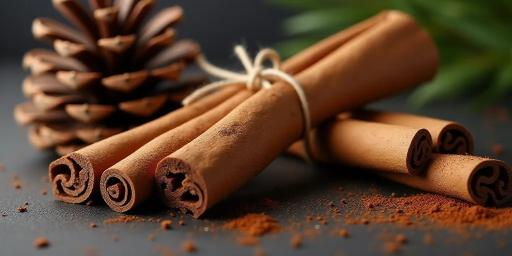 a couple of cinnamon sticks tied to a piece of wood next to a pine cone and cinnamons on a table, Bo