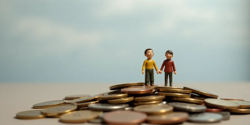 a couple of figurines sitting on top of a pile of coins with a sky background and a gray sky, Allaer