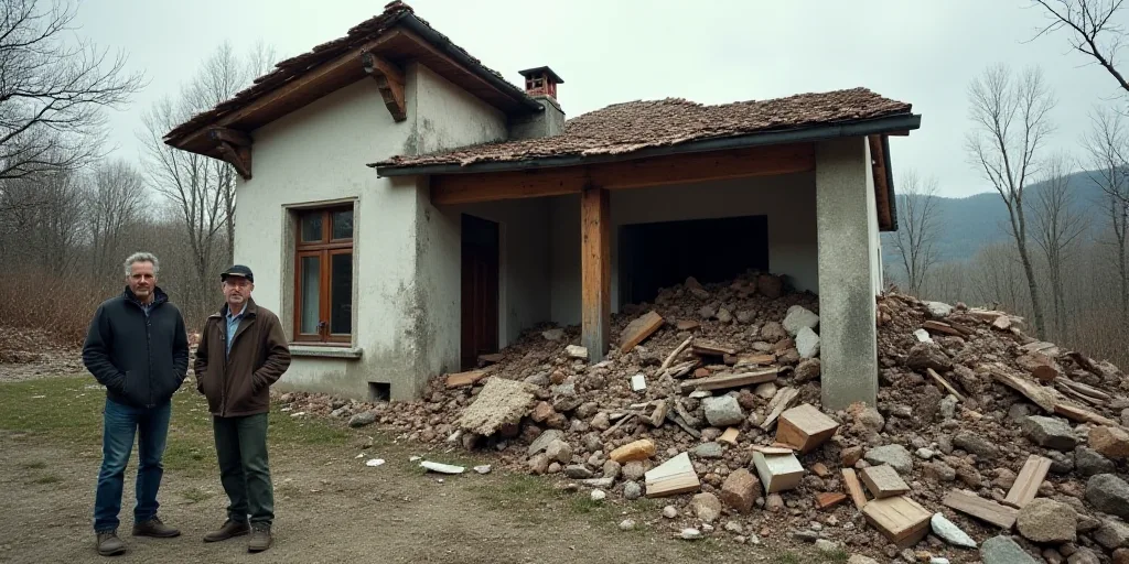 a couple of men standing outside of a building that has been destroyed and has been knocked over by