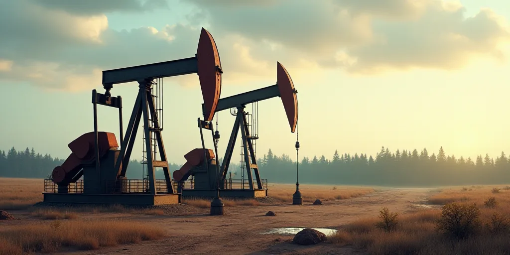a couple of oil pumps sitting on top of a dirt field under a cloudy sky with trees in the background