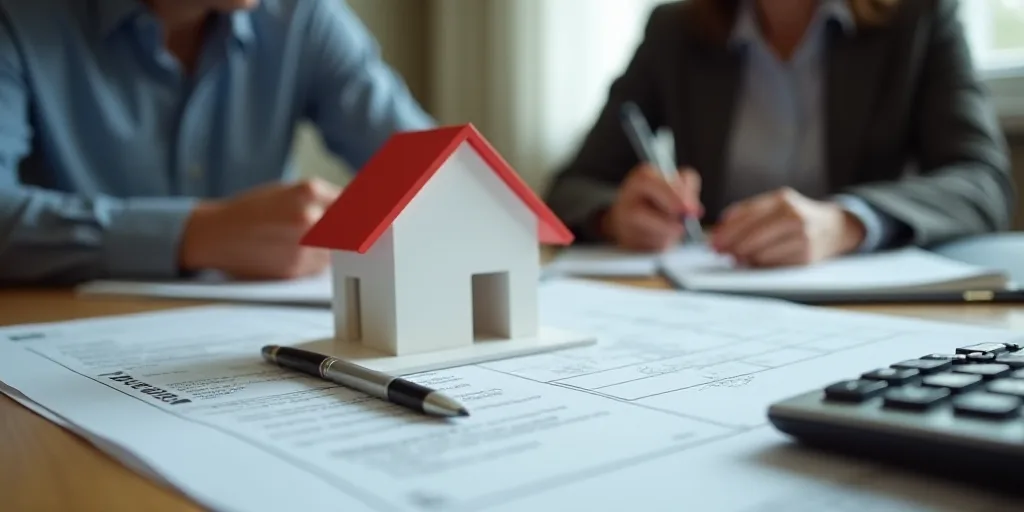 a couple of people sitting at a table with papers and a house model on it, with a calculator and pen