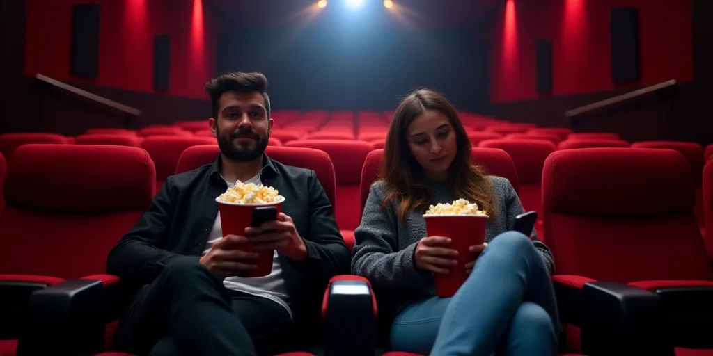 a couple of people sitting in a theater with popcorns and a cell phone in their hands and popcorn in