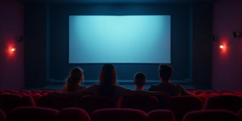 a couple of people sitting in a movie theater watching a movie on a screen with a projector screen,
