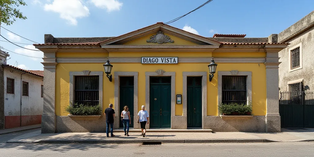 a couple of people standing in front of a building with a sign on it that says diago vista, Almada N