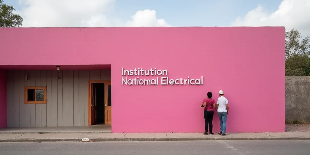 a couple of people standing in front of a building with a pink sign on it's side that says instituti
