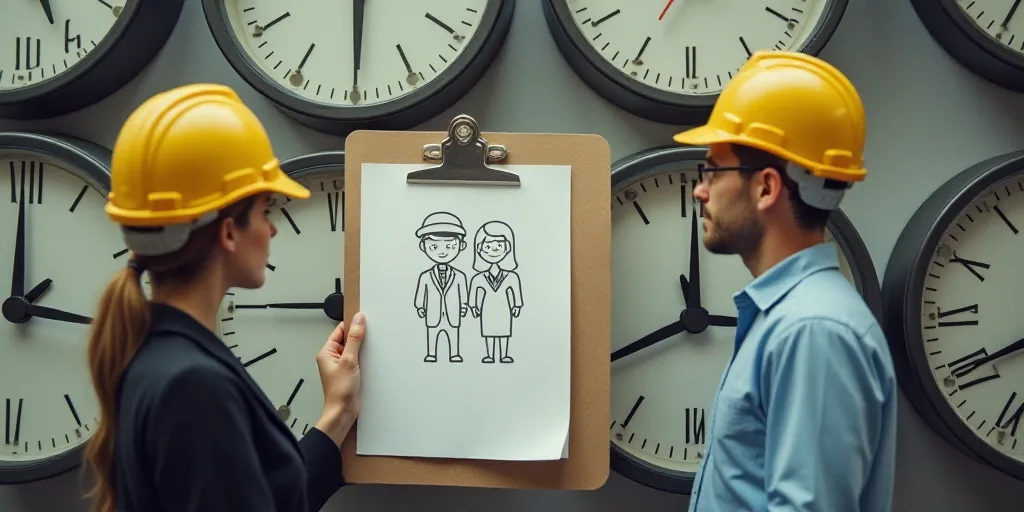 a couple of people standing next to a bunch of clocks with hard hats on them and a clipboard with a