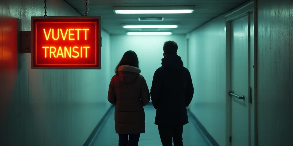 a couple of people that are standing in a room with a sign on it that says vuvett transit, Cui Bai,