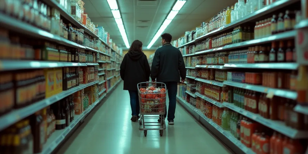 a couple of people that are walking down a aisle in a store together with a cart full of drinks, Dav