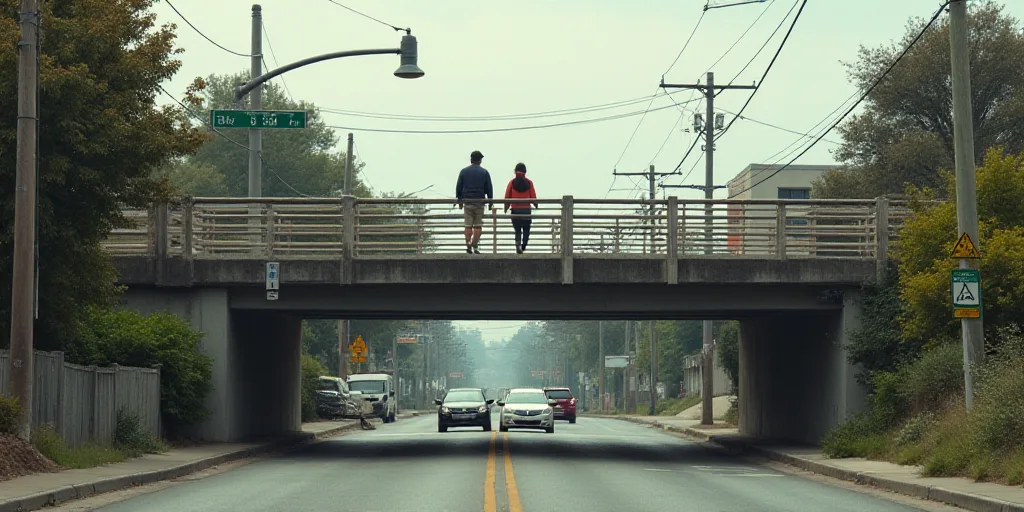 a couple of people walking across a bridge over a street with cars on it and a sign above them, Estu