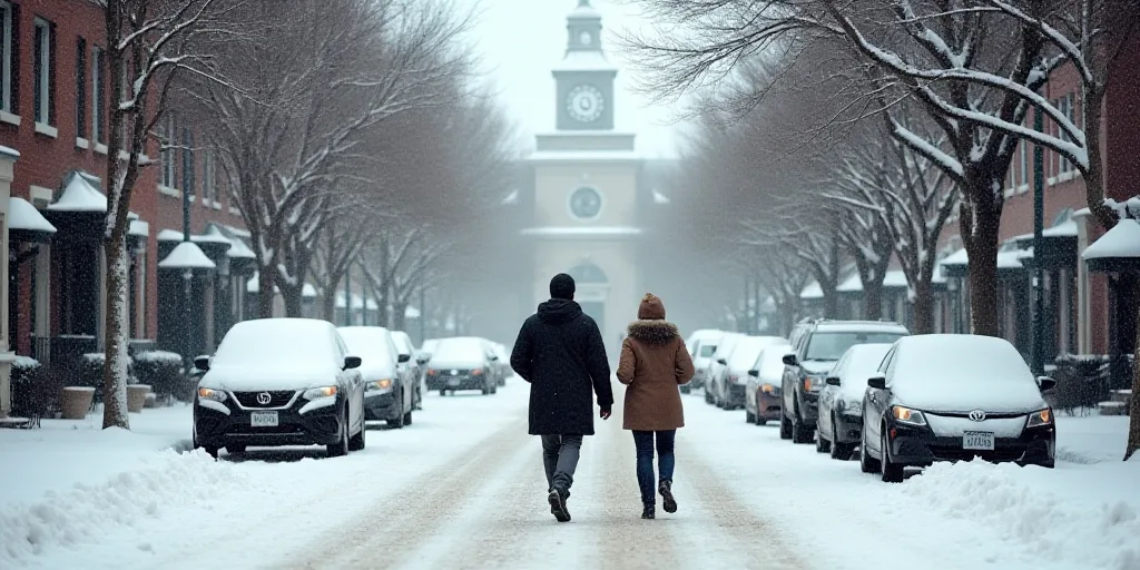a couple of people walking down a snow covered street next to parked cars and a building with a cloc