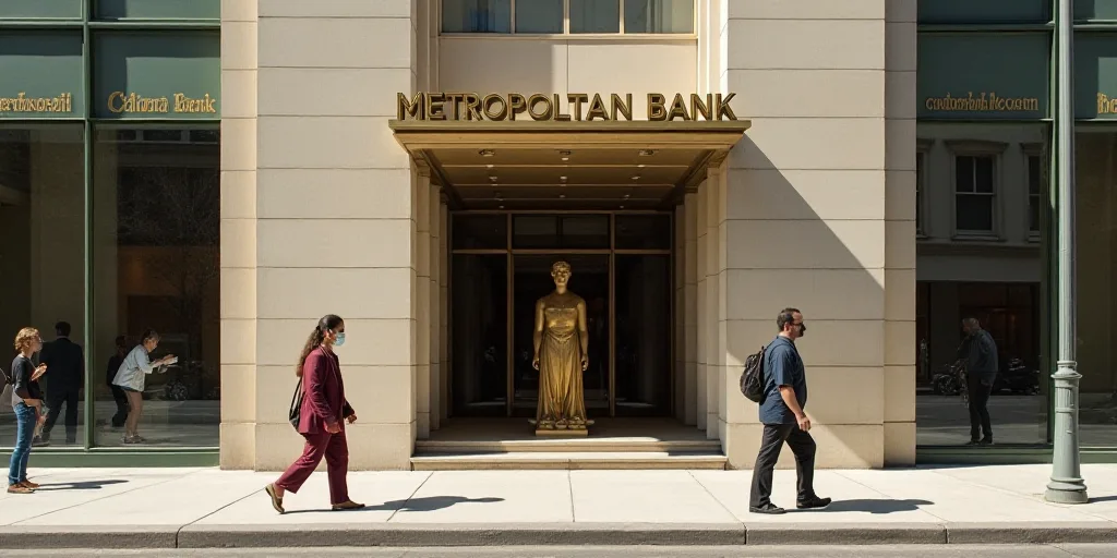 a couple of people walking down a sidewalk next to a building with a sign on it that says metropolit