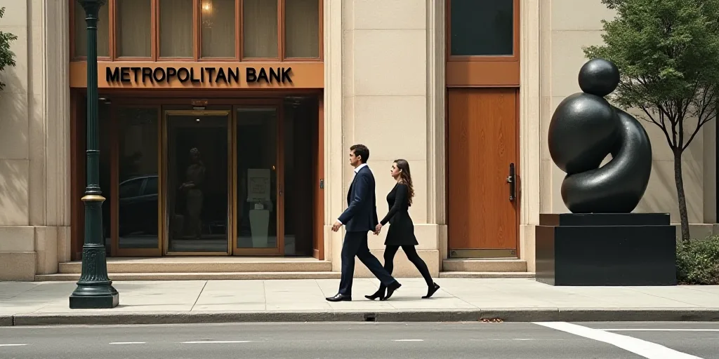 a couple of people walking down a sidewalk next to a building with a sign on it that says metropolit