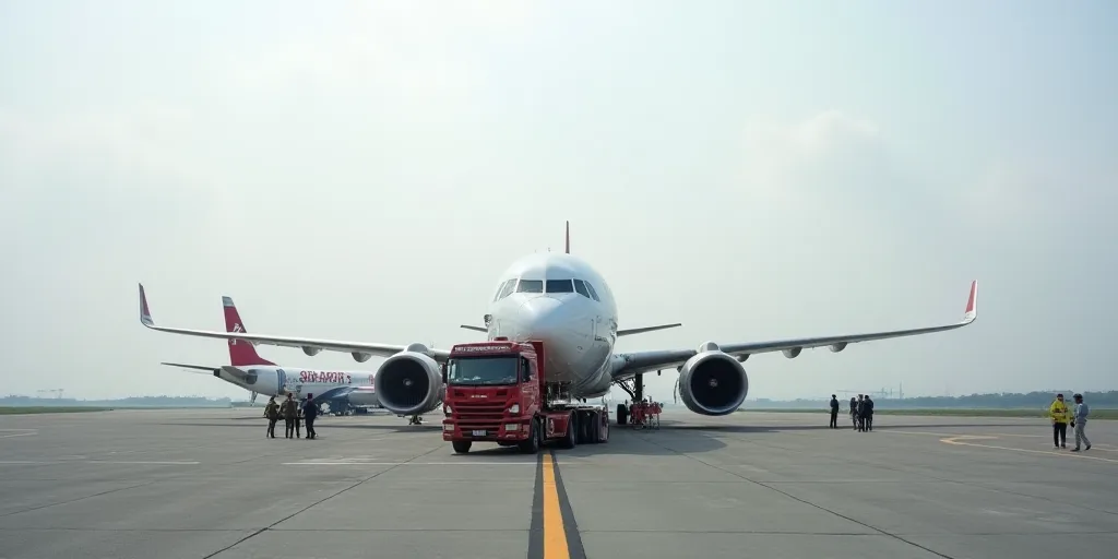 a couple of planes that are on a runway with people standing around them and a truck in front of the