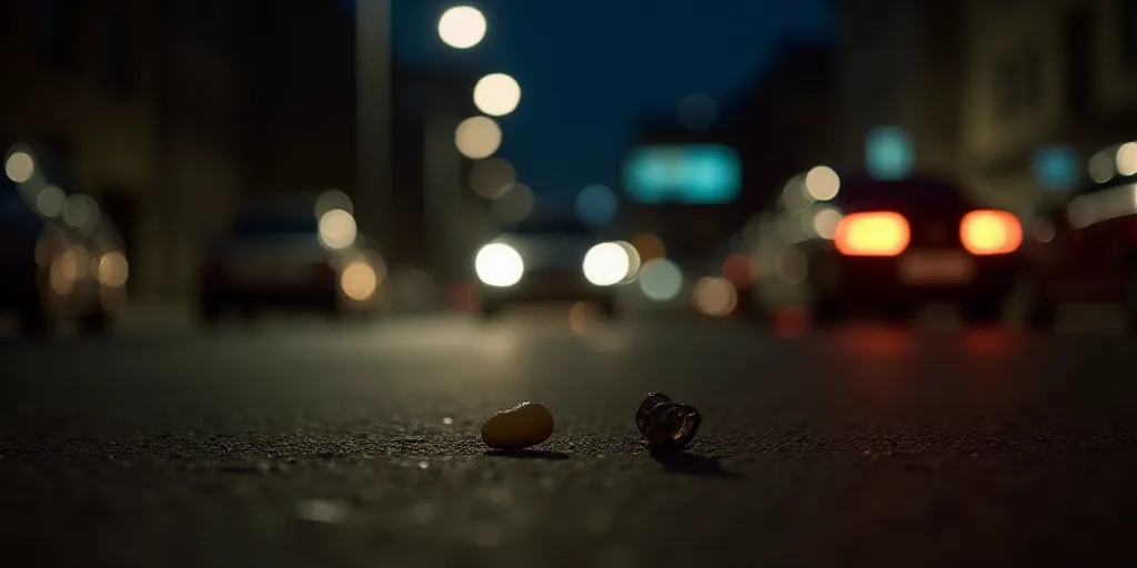 a couple of small objects on the ground in the street at night time with lights in the background an