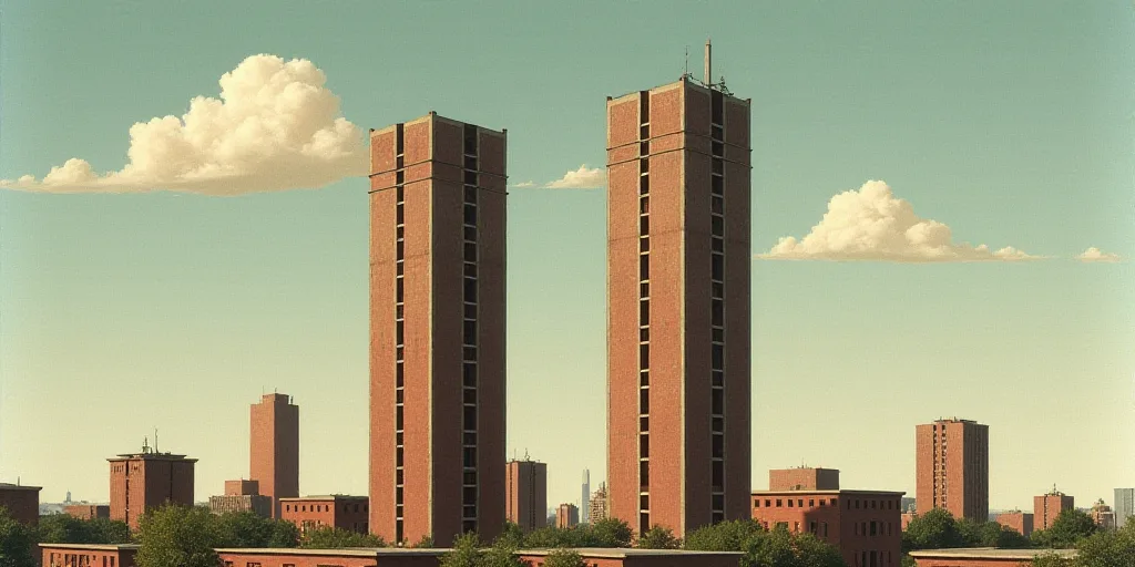 a couple of tall buildings with a sky background and a few clouds in the sky above them, with a few