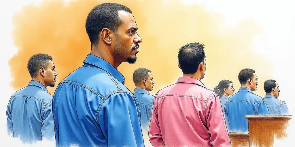 a courtroom drawing of a man in blue shirt and other people in blue shirts behind him and a man in p