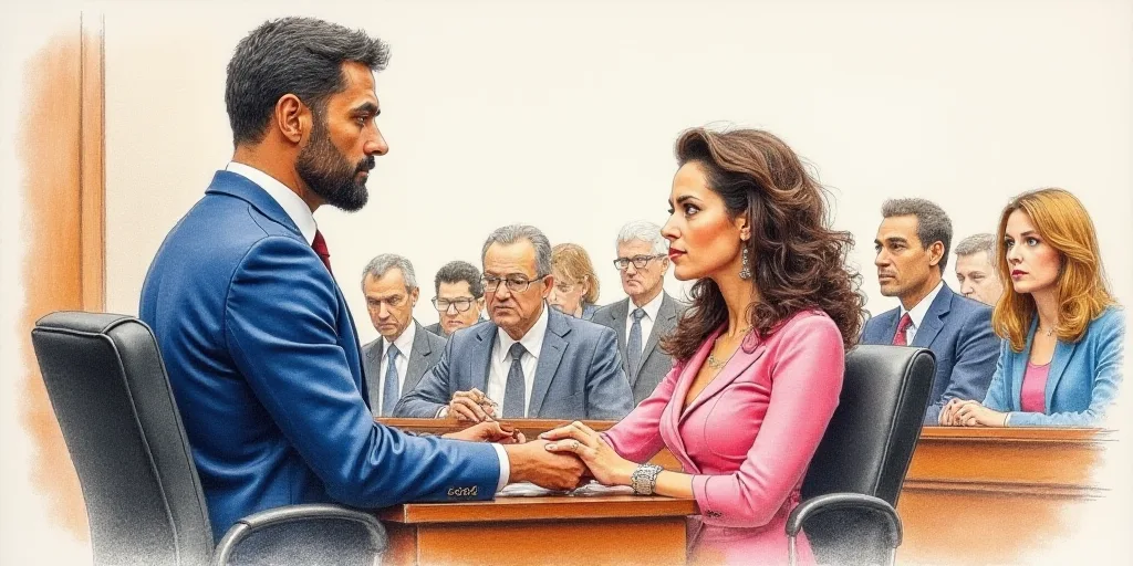 a courtroom scene with a man in blue and a woman in pink in front of him and a group of people behin