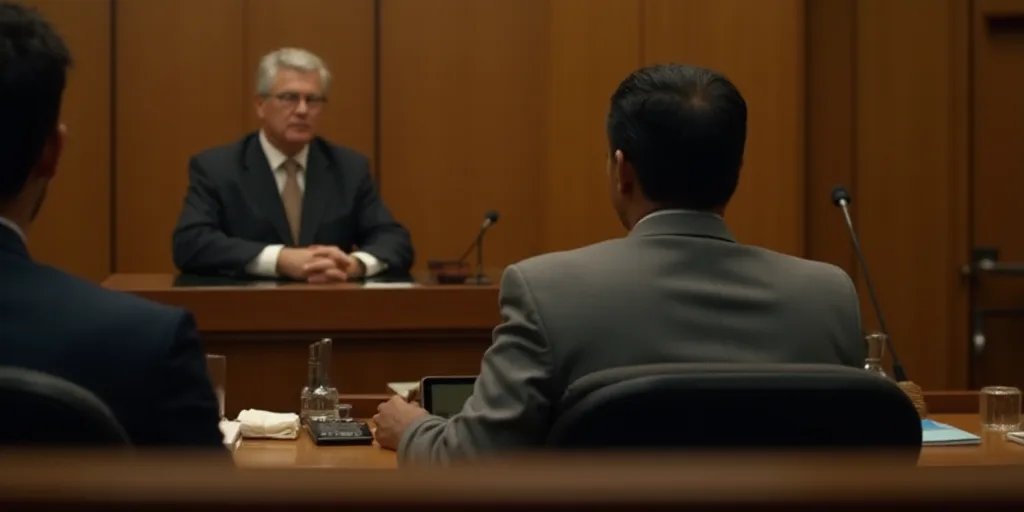 a courtroom with a man sitting at a desk in front of a microphone and a man standing at a podium, Fe