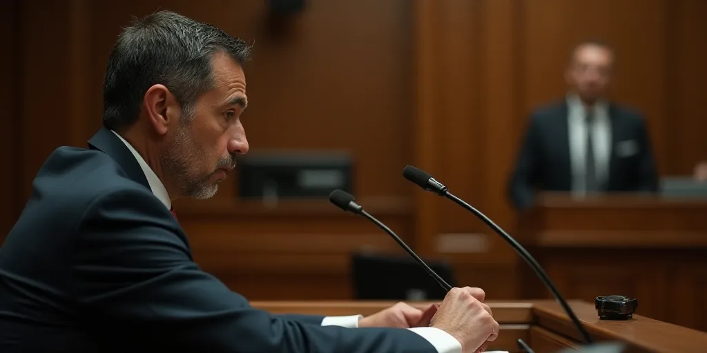 a courtroom with a man sitting at a desk in front of a microphone and a man standing at a podium, Fe