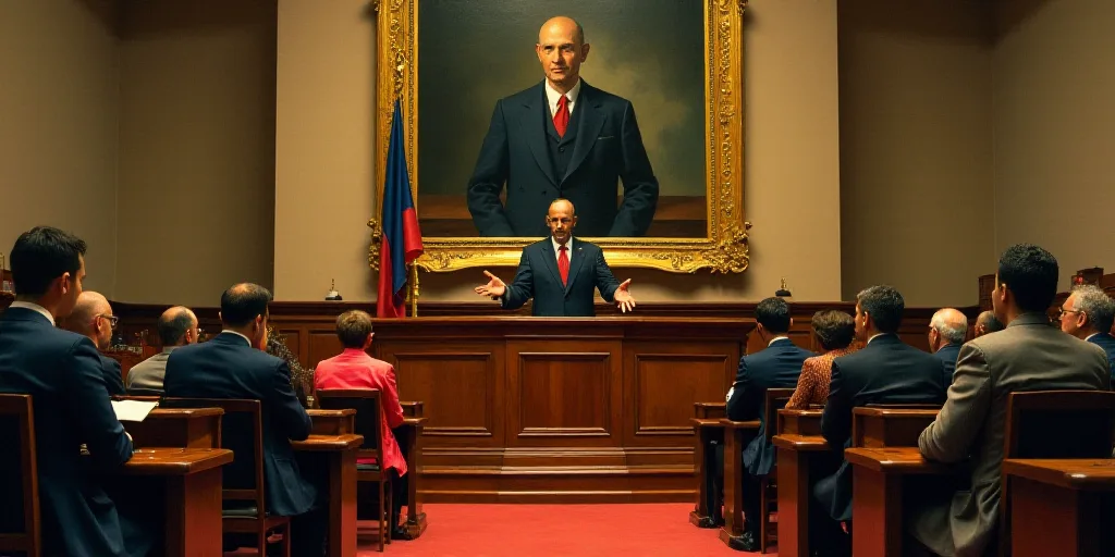 a courtroom with a painting of a man in a suit and tie and people sitting at tables in front of them