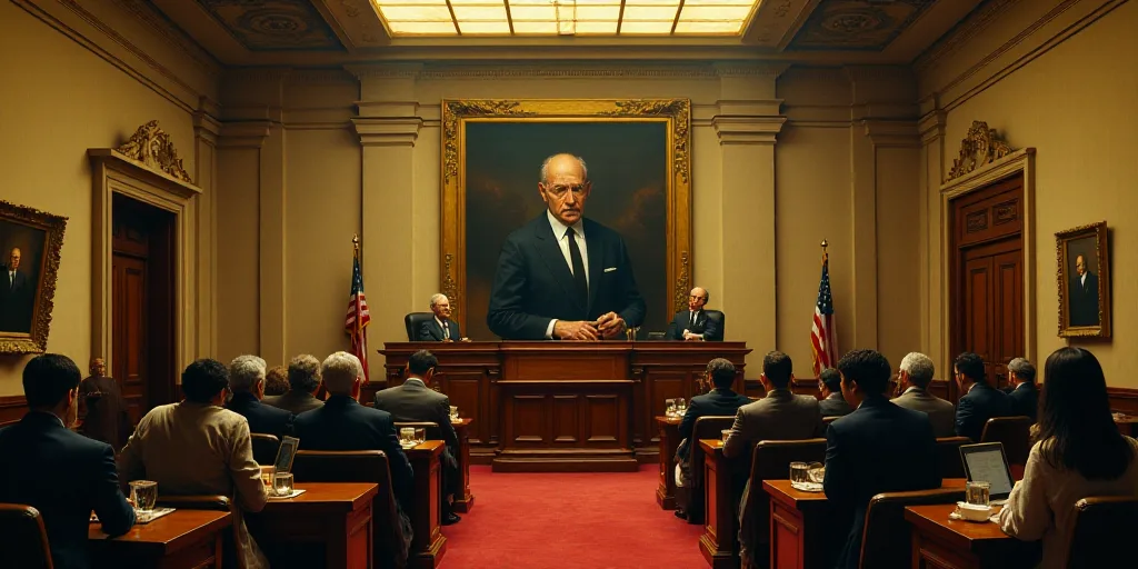 a courtroom with a painting of a man in a suit and tie and people sitting at tables in front of them