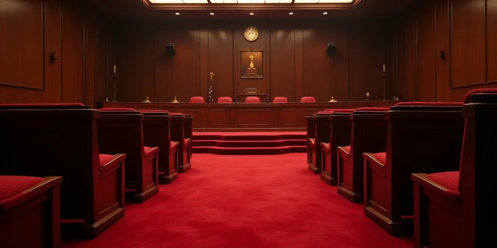a courtroom with a red carpet and chairs and a red carpeted floor and a red carpeted floor, Federico