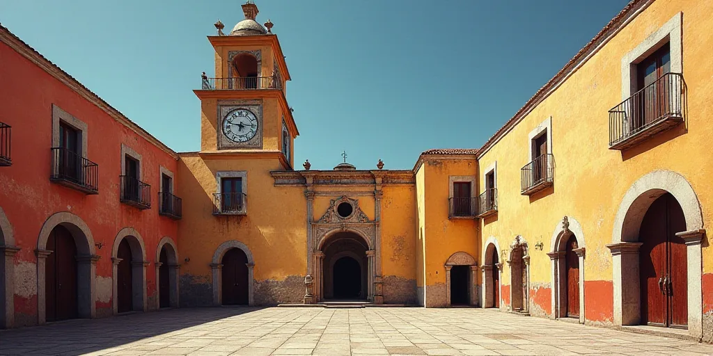a courtyard with a clock tower and a clock on the wall and a clock on the wall and a clock on the wa