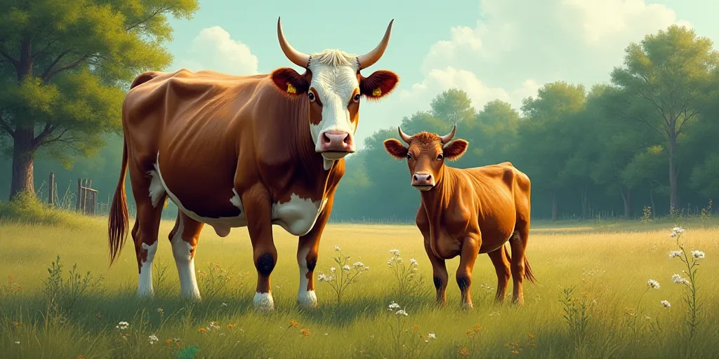 a cow and a calf are standing next to each other in a field of grass and trees, with a green marker