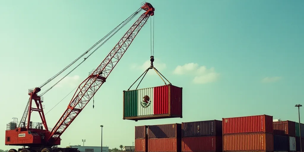 a crane is lifting a container with the flag of mexico on it to be lifted by a crane in the air, Aqu