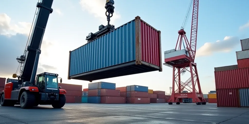 a crane is lifting a container onto a platform in a shipping yard with other containers on the groun