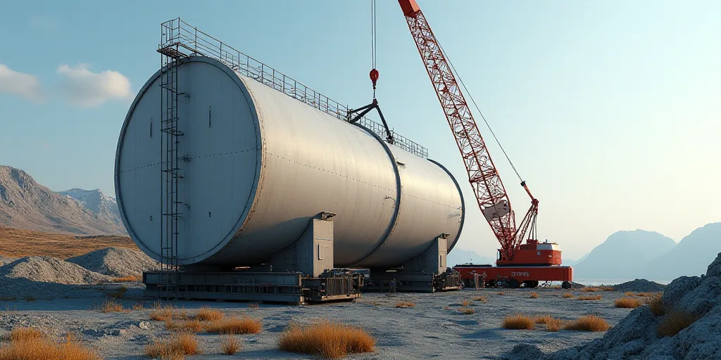 a crane is lifting a large tank into place to be used as a fuel storage unit for a power plant, Aqui