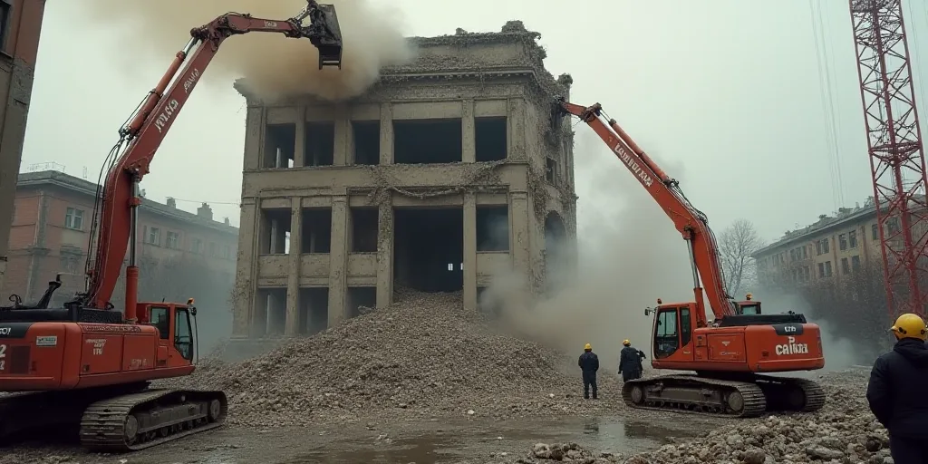 a crane is lifting rubble into a building that is being demolished by fire fighters in the city of b