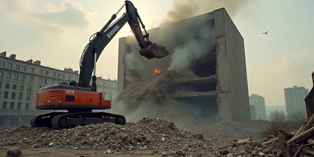 a crane is lifting rubble into a building that is being demolished by fire fighters in the city of b