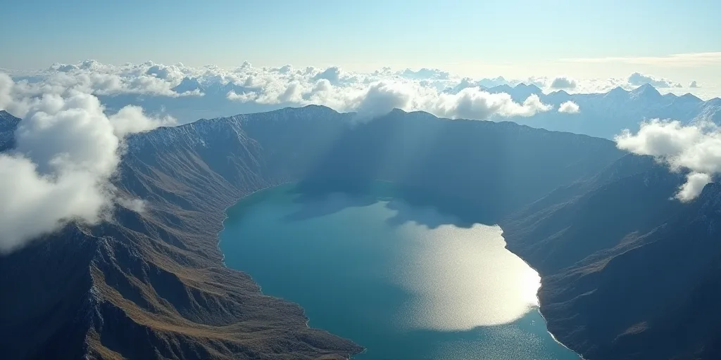 a crater in the middle of a mountain range with a lake below it and clouds in the sky above, Andries