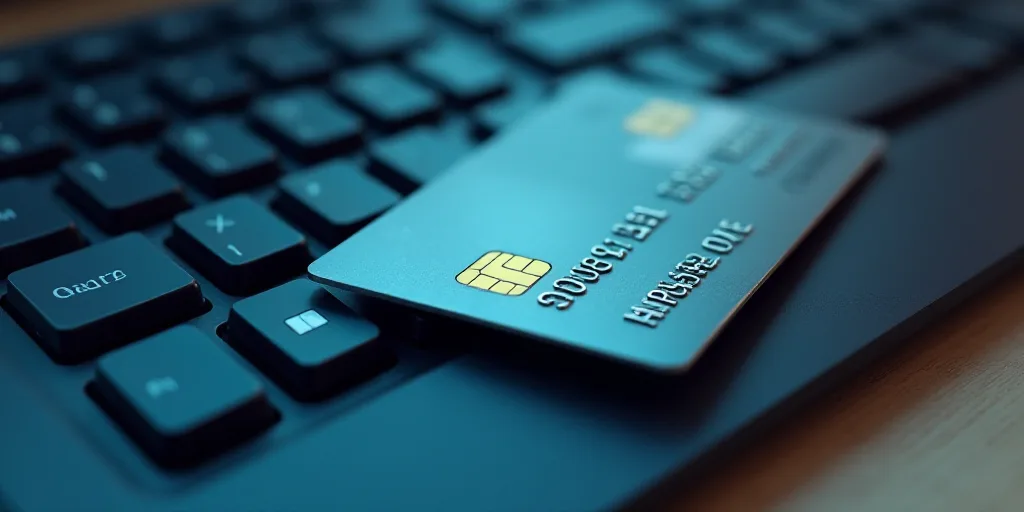 a credit card sitting on top of a computer keyboard next to a keyboard key board with a computer key