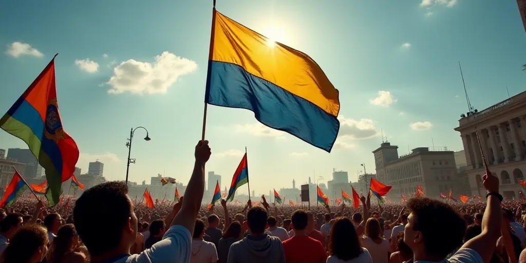 a crowd of people holding a flag and waving a flag on a pole in the sky above them is a building, Fe