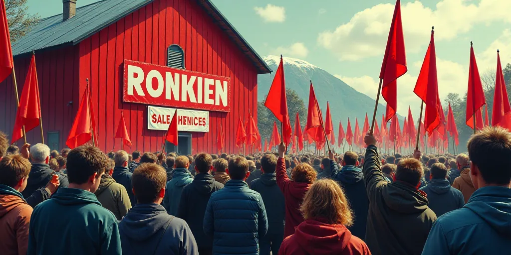 a crowd of people holding flags and signs in front of a red building with a sale sign on it, Einar H