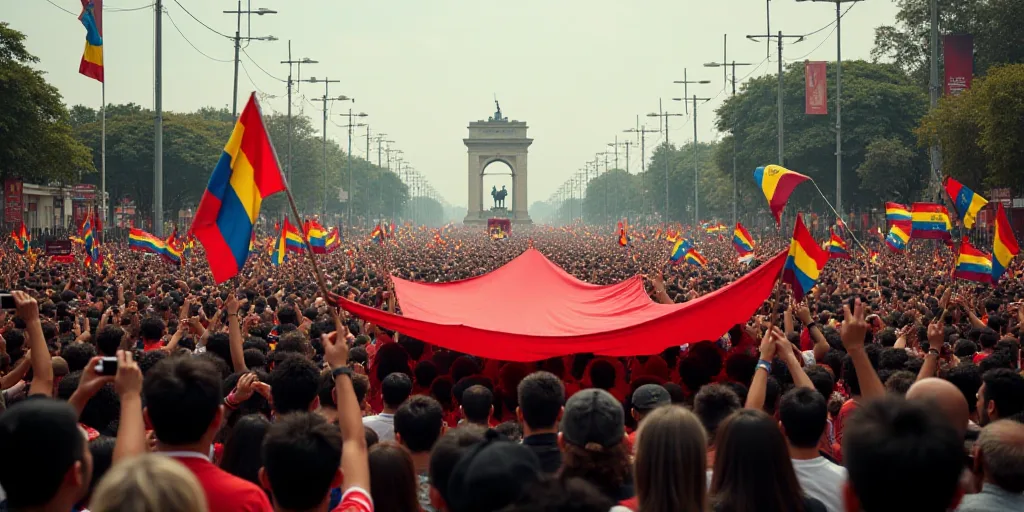a crowd of people holding flags and signs in the air at a rally in venezuela, with a large flag in t