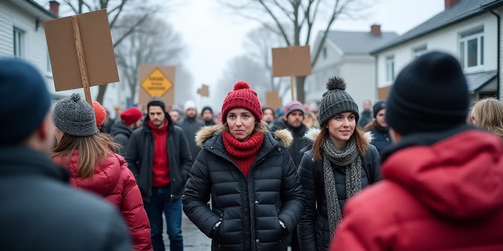 a crowd of people holding signs and wearing winter hats and scarves, standing in a street with house